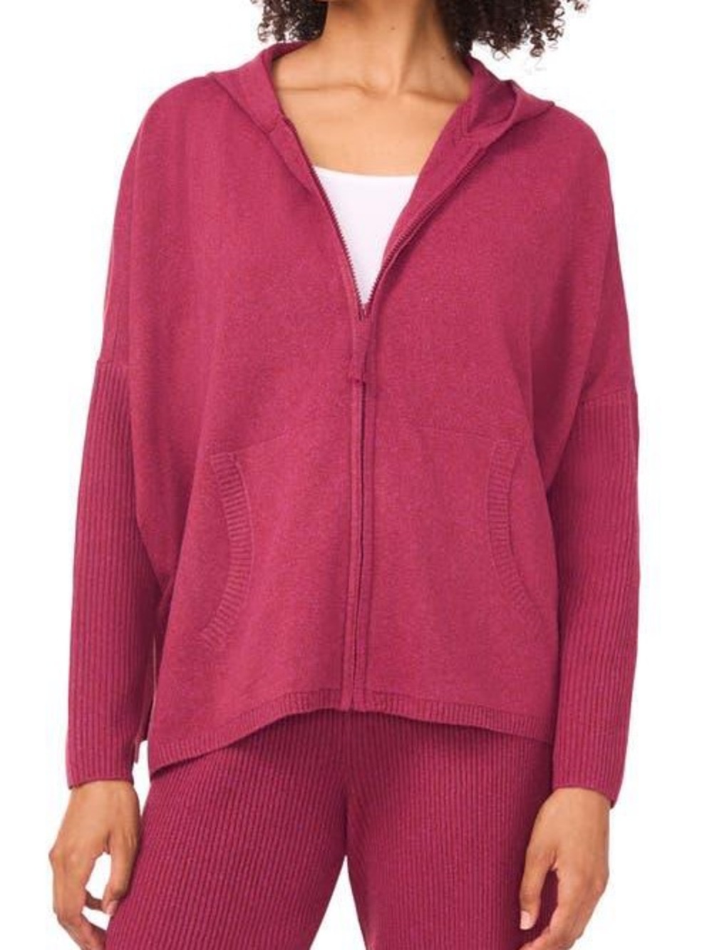 Halogen by Nordstrom Rib Knit Zip Hoodie Sweater Red Wine Heather Size M NWT